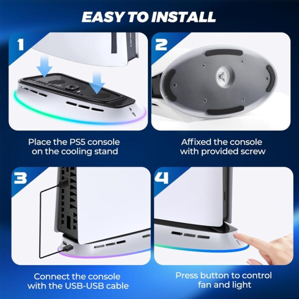 LYtech PS5 Pro/Slim Stand with Cooling Fan and RGB LED Light for Playstation 5 Disc/Digital Console, PS5 Slim Cooling Station Playstation 5 Pro Fan Cooler System Vertical Stand with 2 USB Ports - Image 7
