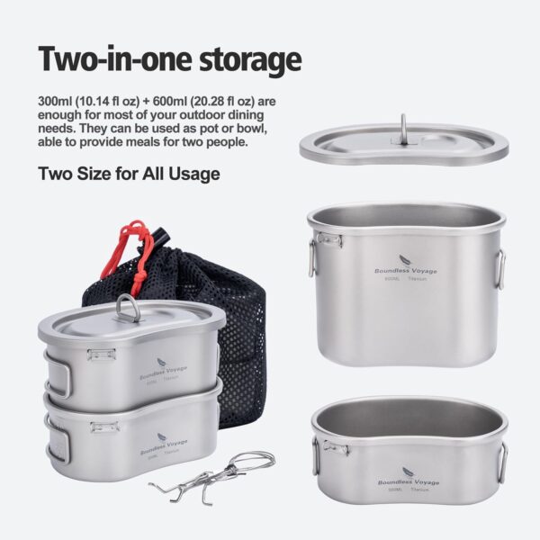 iBasingo Titanium Canteen Cups Kidney-shaped Camping Pot Bowl Set with Lid & Hanging Chain Ultralight Kitchen Cookware Cooking Mess Kit 300ml+600ml for 1 man Outdoor Hiking Activitives Ti2046C - Image 4