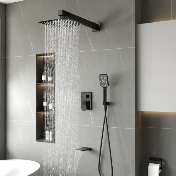 LCEVCGK Shower Faucet Set Complete Matte Black Shower System with 10 inch Square Rainfall Shower Head 3-Function Handheld Shower Waterfall Bathtub Spout Rain Shower Combo Set Bathroom Wall Mounted - Image 3
