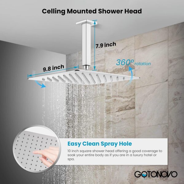 gotonovo Polished Chrome Bathroom 10 Inch Rainfall Shower Head Ceiling Mount with Handheld Spray Shower Mixer Faucet Luxury High Pressure Shower Combo Set Rough-in Valve and Shower Trim Included - Image 5