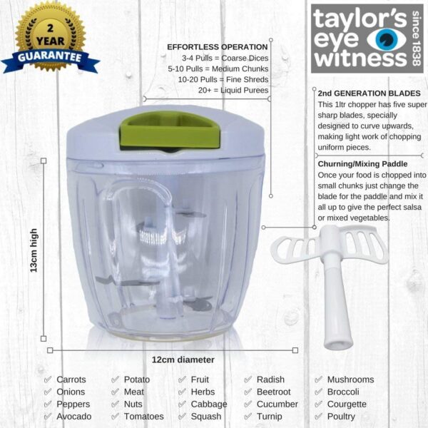 Hand Chopper Manual Food-Processor - Pull String to Slice Vegetables, Onions, Garlic, Meat, Nuts in Seconds - Curved Stainless Steel Removable Blades, Non-Slip Base, BPA-Free, Dishwasher-safe. - Image 4
