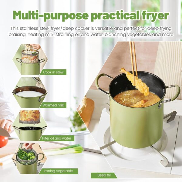 Deep Fryer Pot with Strainer Basket and Lid, 3L Stainless Steel Deep Fryer Pan with Handle, Multipurpose Cooking Pot, Bacon Grease Container for Frying Fish Shrimp Chicken Fries - Image 4