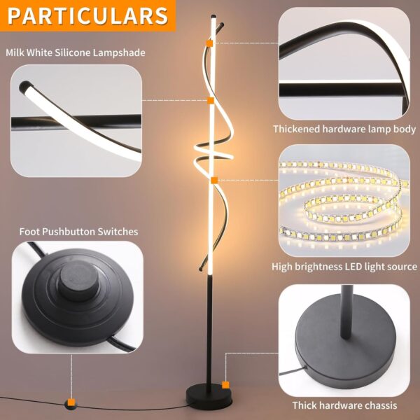 Mikeru Modern Spiral Floor Lamp with Foot Switch, 150cm Living Room Standing Lamp, 3000k/4500k/6500k Dimmable Floor Lamp, Brightness Adjustable 10%-100% Reading Lamp for Bedroom, Office, Study Room - Image 5