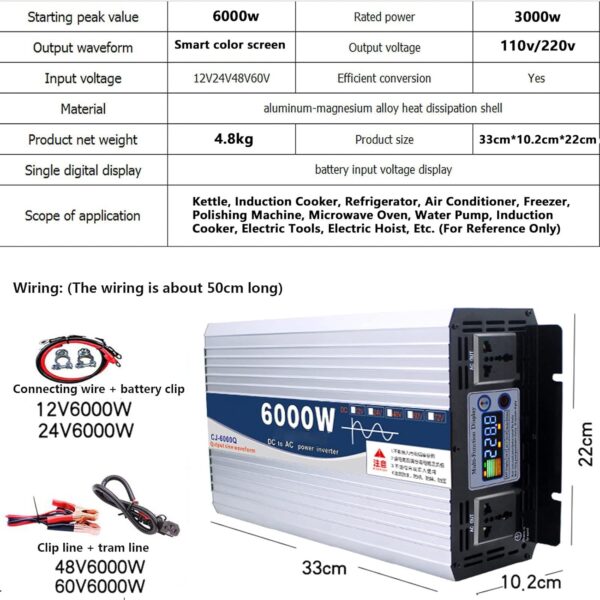Inverter 6000w/8000w Pure Sine Wave Inverter, With Smart Color Screen, Dc 12v/24v/48v/60v to 110v/220v Ac Inverter for Car, For Kettle, Induction Cooker, Refrigerator,24Vto220V-600 - Image 4