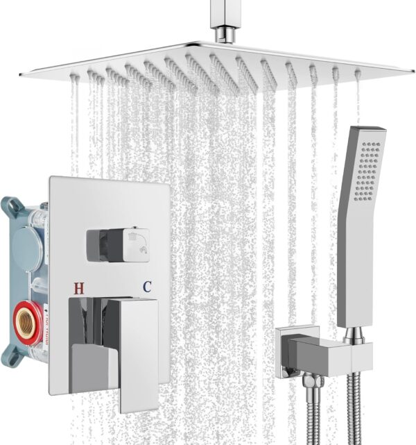 gotonovo Polished Chrome Bathroom 10 Inch Rainfall Shower Head Ceiling Mount with Handheld Spray Shower Mixer Faucet Luxury High Pressure Shower Combo Set Rough-in Valve and Shower Trim Included - Image 2