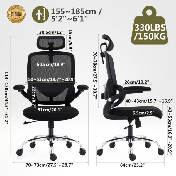 TONFARY Ergonomic Office Chair - High Back Mesh Design with Adjustable Lumbar Support, Flip-Up Armrests, Removable Headrest & 360° Swivel - Space-Saving for Home, Work, or Gaming - Black - Image 3