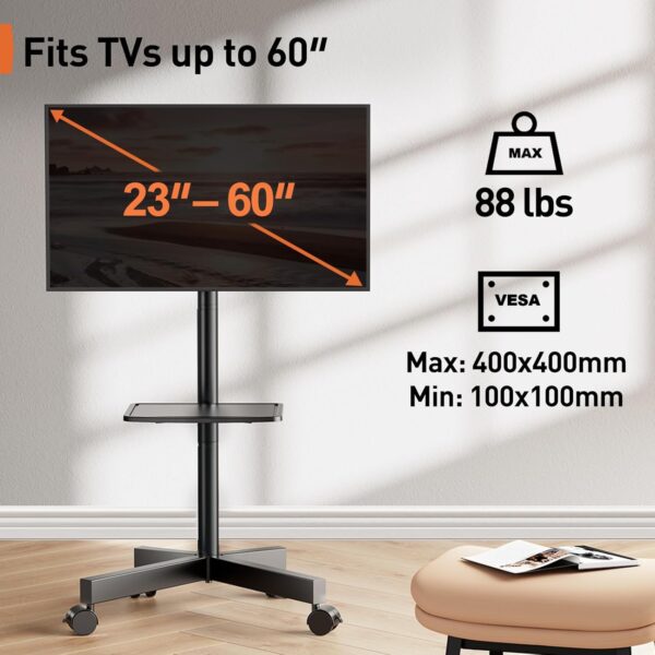 PERLEGEAR Mobile TV Stand on Wheels for 23-60 inch LED, LCD, Flat&Curved TVs up to 40kg, -10° to +15° Tilt Portable TV Stands with Laptop Shelf, Hight Adjustable Rolling TV Stand Max VESA 400x400mm - Image 3