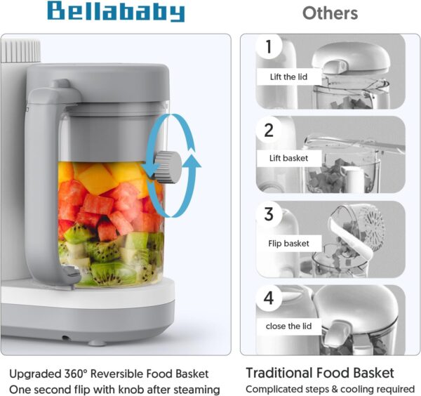Baby Food Maker Bellababy Baby Food Processor, Puree Blender Steamer with Reversible Steam Basket, One Button Easy Operation & Large Opening for Easy Cleaning (Grey-01) - Image 3