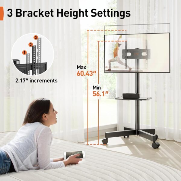 PERLEGEAR Mobile TV Stand on Wheels for 23-60 inch LED, LCD, Flat&Curved TVs up to 40kg, -10° to +15° Tilt Portable TV Stands with Laptop Shelf, Hight Adjustable Rolling TV Stand Max VESA 400x400mm - Image 5