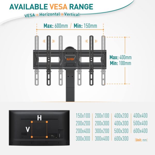 ELIVED Swivel Table Top TV Stand for most 37"-70" TVs with Max VESA 600x400mm up to 40KG, Height Adjustable TV stand for Plasma, LCD, LED, OLED Flat/Curved TVs, Universal Table Top TV Stand EV017 - Image 3