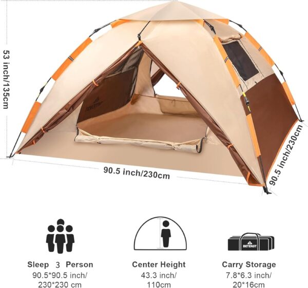 BETENST Camping Tent, Pop up Tent 3 Person Family Dome Tent Waterproof Windproof with 2 Mesh Doors, 2 Mesh Windows, Roof Skylights, 2 in 1 Double Layers, Storage Bag for Camping Hiking Backpacking - Image 5