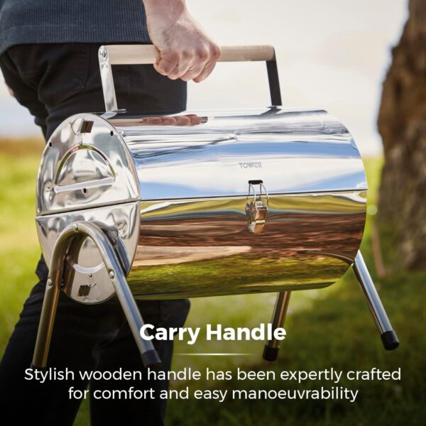 Tower T978574 Portable Barrel Grill with Wooden Carry Handle, Compact Design, Safety Locking Mechanism, Stainless Steel - Image 5