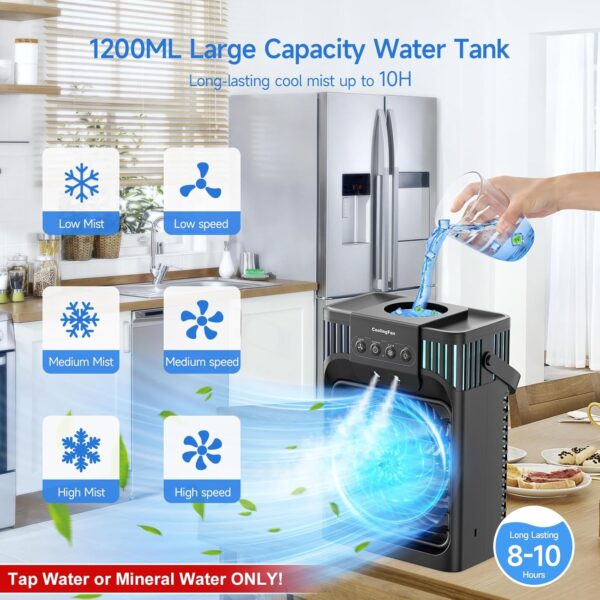 FethFire Portable Air Conditioner Cooling Fan with Remote, 1200Ml Mini Air Conditioning Unit,Quiet 3 Wind Speeds & Cool Mist, 2-8H Timer & 7 LED Light, Personal Air Cooler Fan for Room,Home,Office - Image 8