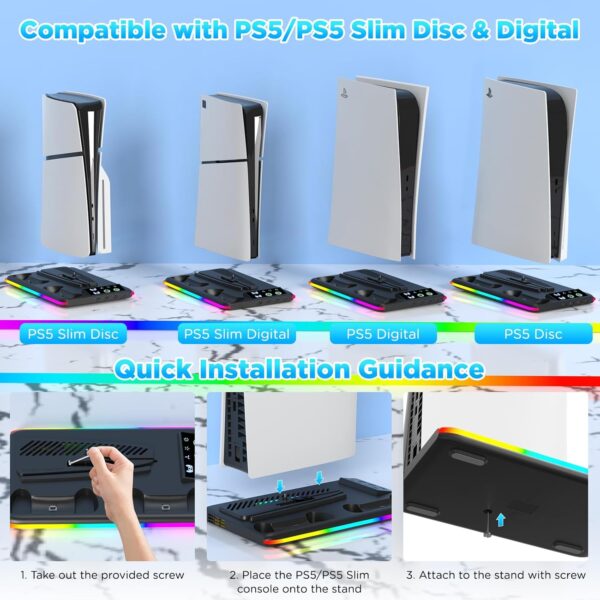 Aceshop PS5 Stand With Cooling Fan, Vertical Stand for PS5 Slim (Disc & Digital Edition) Cooling Station With Dual Controller Chargers, RGB Light, 3 USB HUBs, Headset Holder (Black) - Image 3
