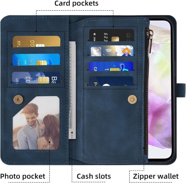 Asuwish Phone Case for Samsung Galaxy A35 5G Wallet Cover With Screen Protector and Crossbody Wrist Strap Leather Flip Pattern Zipper Credit Card Holder Stand Cell SM-A356E A356B A356U Women Men Blue - Image 3