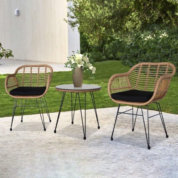 Rattan Bistro Set - 3 Pieces Patio Balcony Bistro Set, Patio Furniture Lounge Outdoor Table Chairs Garden Furniture Wicker Cushion Glass Plate - Image 10