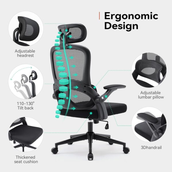 SIHOO M102C Ergonomic Mesh Office Chair, High Back desk chair with 3D Armrests, Up&Down Lumbar Support, Swivel Computer Task Chair, Black - Image 8