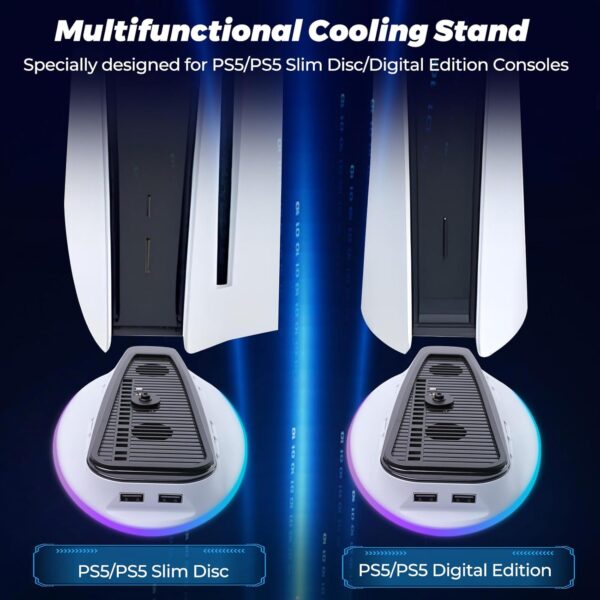 LYtech PS5 Pro/Slim Stand with Cooling Fan and RGB LED Light for Playstation 5 Disc/Digital Console, PS5 Slim Cooling Station Playstation 5 Pro Fan Cooler System Vertical Stand with 2 USB Ports - Image 6