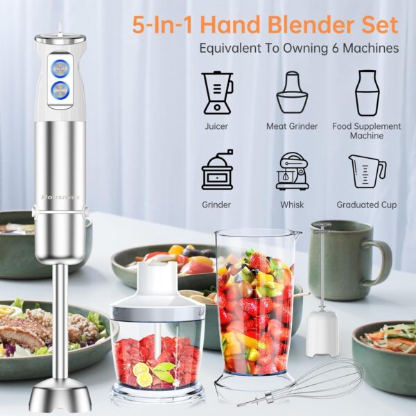 Hand Blender, 5-in-1 Stainless Steel Electric Stick Blender 1000W, 12 Speeds Adjustable, Baby Food Blender with Egg Whisk, Frother, 500ml Chopper, 600ml Measuring Cup, BPA Free Food Processor - Image 9