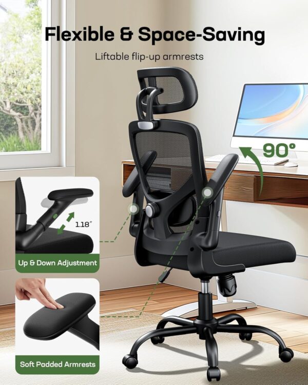 Marsail Ergonomic Mesh Office Chair High Back Desk Chair Adjustable Lumbar Support with Headrest Flip-Up Liftable Arms Swivel Computer Task Chair, Black - Image 4