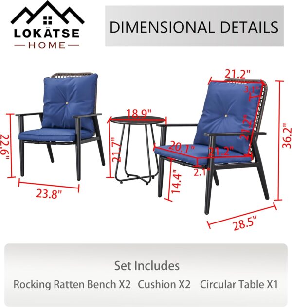 LOKATSE HOME 3 Piece Outdoor Conversation Furniture Patio Bistro Sets with Thick Cushion Wicker Chairs and Coffee Table for Backyard Deck Lawn Garden, Blue - Image 3