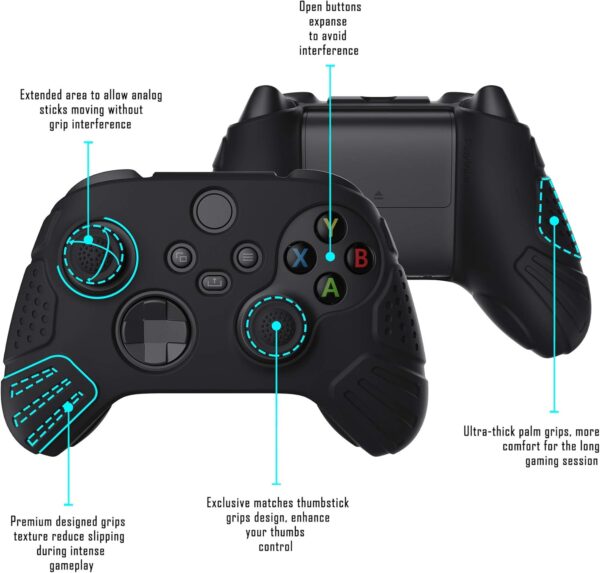 eXtremeRate PlayVital Guardian Edition Black Ergonomic Soft Anti-slip Controller Silicone Case Cover, Rubber Protector Skins with Black Joystick Caps for Xbox Series S and Xbox Series X Controller - Image 4