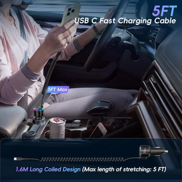 USB C Car Charger,75W Fast Car Charger with USB C Coiled Cable+USB A+C Port,Car Phone Charger USB C Adapter Support PD+QC3.0+PPS Fast Charge,Car Cigarette Lighter USB Charger for iPhone 16/15/Samsung - Image 5