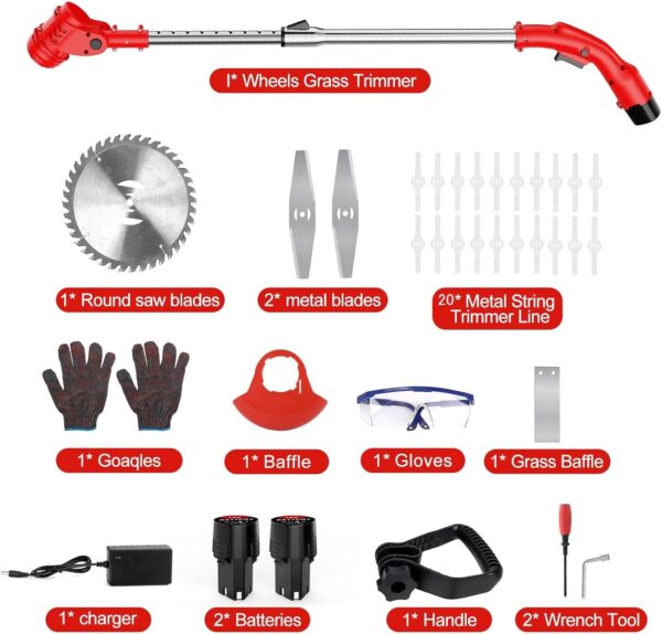 Cordless Strimmer, 3 in 1 Electric Garden Strimmer with 23 Blades, 125cm Adjustable Lightweight Brushless Grass Trimmer with 2 Battery, Metal Blade Strimmer for Lawn Care Shrub Trimming - Image 8