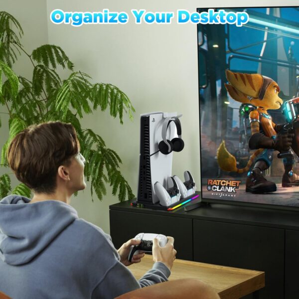 Aceshop PS5 Stand With Cooling Fan, Vertical Stand for PS5 Slim (Disc & Digital Edition) Cooling Station With Dual Controller Chargers, RGB Light, 3 USB HUBs, Headset Holder (Black) - Image 8