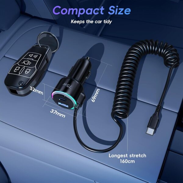 USB C Car Charger,75W Fast Car Charger with USB C Coiled Cable+USB A+C Port,Car Phone Charger USB C Adapter Support PD+QC3.0+PPS Fast Charge,Car Cigarette Lighter USB Charger for iPhone 16/15/Samsung - Image 9
