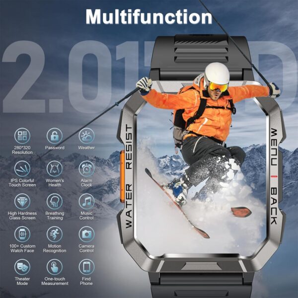 Smartwatch Men Military, 100 Days Battery Life/LED Flashlight/Compass/2 Wristbands/IP68 Waterproof, 100+ Sports Modes Sports Watch, Make/Receive Calls Smartwatch Outdoor Fitness Watch for Android iOS - Image 7