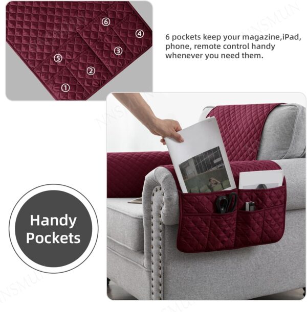 NNSMUN Sofa Armrest Cover 3/4/5Pcs, Waterproof and Nonslip Armchair Covers for Arms Headrest, Sofa Slipcover with Side Pocket, Quilted Protector for Pets Leather Couch (Wine Red,1 Seater(3pcs)) - Image 5