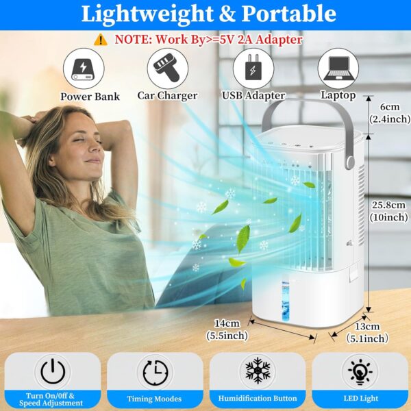 Portable Air Cooler 4-In-1 Mini Mobile Air Conditioner Fan,Air Cooling Fan and Humidifier with 3 Fan Speeds,Personal Evaporative Coolers,Timer&7 Colors LED light,Air Conditioning for Office Desk-White - Image 7