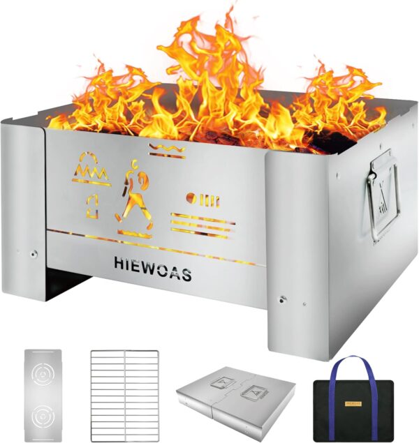 HIEWOAS Portable Fire Pit with Grill- Stainless Steel Tabletop BBQ for Outside Camp, Small Charcoal Grills and Smokeless Wood Burning Firepit Camping Accessories for Outdoor Cooking and Women Campfire - Image 2