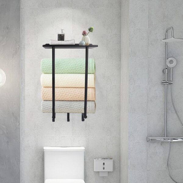 Gzsekken Wall Mounted Towel Rack,Towel Holder Towel Storage with Metal Shelf & 3 Hooks,Steel Towel Rack for Bathroom Wall, Can Hold 3 Large Size Rolled Towel Holder Organizer, Black - Image 6