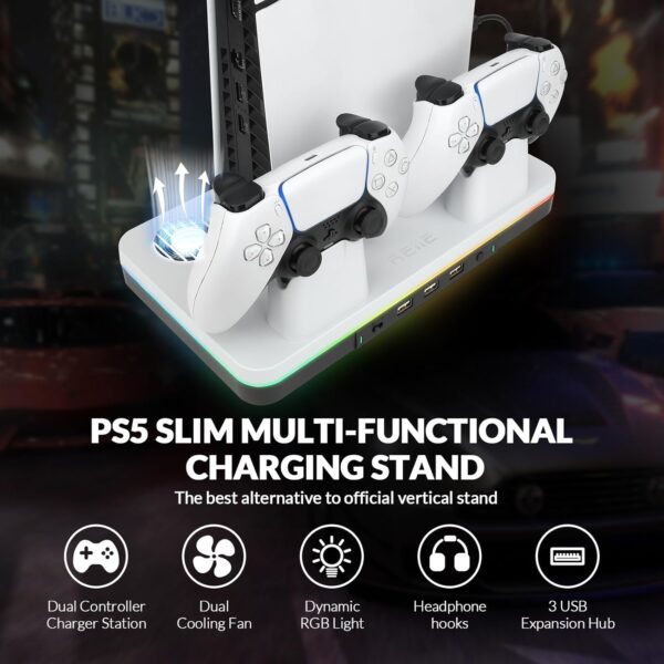 reiie PS5 Slim Cooling Stand with Dual Controller Charging Station, Multi-functional PS5 Slim Stand with RGB Light&Headphone Hook&2-Level Silent Fan for PS 5 Slim Digital/Disc - Image 3