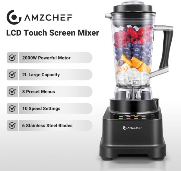 AMZCHEF 8-IN-1 Professional Smoothie Blenders for Kitchen with Innovative LED Panel, 2000W Blender Smoothie Maker with 8 Menu and 10 Speed, 2L Blenders for Smoothies, Ice Cream & More, Black - Image 7