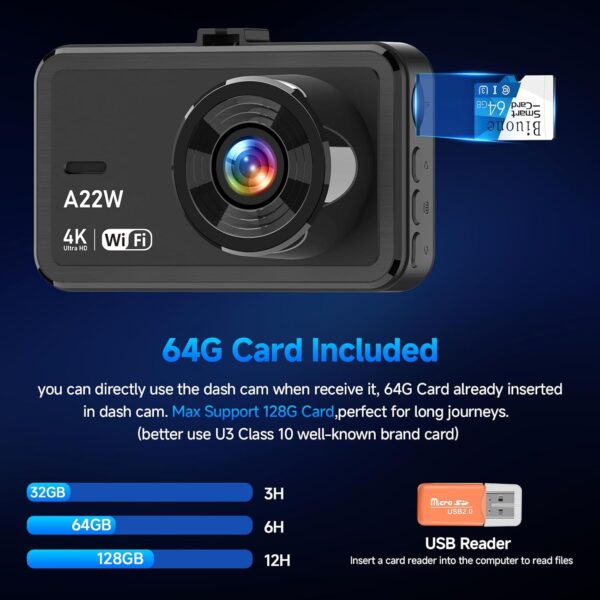 Dash Cam Front and Rear, 4K Dash Cam with 64GB Card, 5G WiFi Dual Car Camera for Cars, 3" IPS Dashcam with APP Control, USB Charger, 24H Parking Mode, G-Sensor, Night Vision, WDR, 170° Wide Angle - Image 5