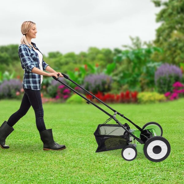 Hand Push Lawnmower,16In Cordless Manual Reel Lawn Mower with 5-Blade,40cm Cutting Width,9-Position Adjustable Mowing Height,Grass Cutter with Grass Catcher - Image 9