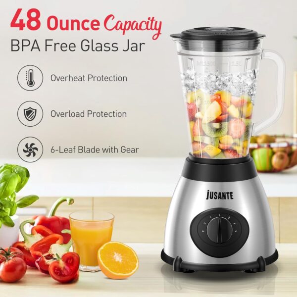 JUSANTE Countertop Blender, 1000W Professional Kitchen Blender for Shakes and Smoothies High Speed Ice Crusher Frozen Drinks 48 OZ Glass jar - Image 3