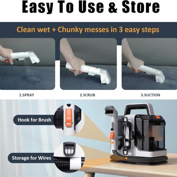 Portable Carpet Cleaner Machine, 750W Handheld Spot & Stain Carpet Cleaner Machine, 15Kpa Fabric Steam Cleaner Pet Stain Remover with 2 Brush Head, Clean Water Tank,for Home - Image 3