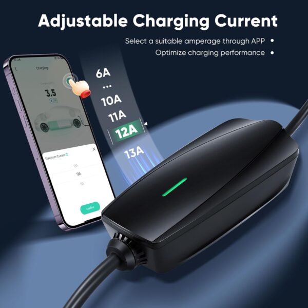 EV Charger APP Control 10M, 6-13A Adjustable Current, 0-24 Hours Delayed Timer, Max. 3.3kW, EV Charger Cable Type 2 to 3 Pin Plug, Wifi & Bluetooth Connection, IP65 Waterproof - Image 3