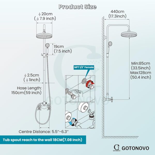 gotonovo Luxury Exposed Shower Faucet Set Bathroom Shower System 8 Inch Wall Mount Rainfall Shower Head with Handheld Spray Cross Double Handle Shower Fixture Adjustable Straight Rod Polish Chrome - Image 5