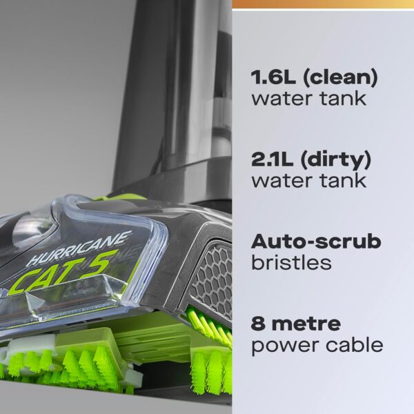 Daewoo Hurricane Cat 5 Washer FLR00115 Upright Carpet Cleaner with Handheld Upholstery Brush Rugs, Stairs, Sofas 1.6L Clean 2.1L Dirty Water Tank 8m Cord 700W, 700 W, 3700 milliliters, Grey - Image 3