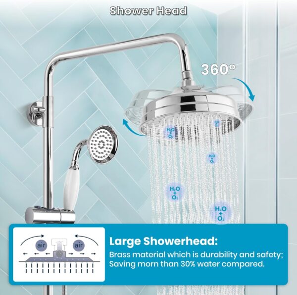 gotonovo Luxury Exposed Shower Faucet Set Bathroom Shower System 8 Inch Wall Mount Rainfall Shower Head with Handheld Spray Cross Double Handle Shower Fixture Adjustable Straight Rod Polish Chrome - Image 7