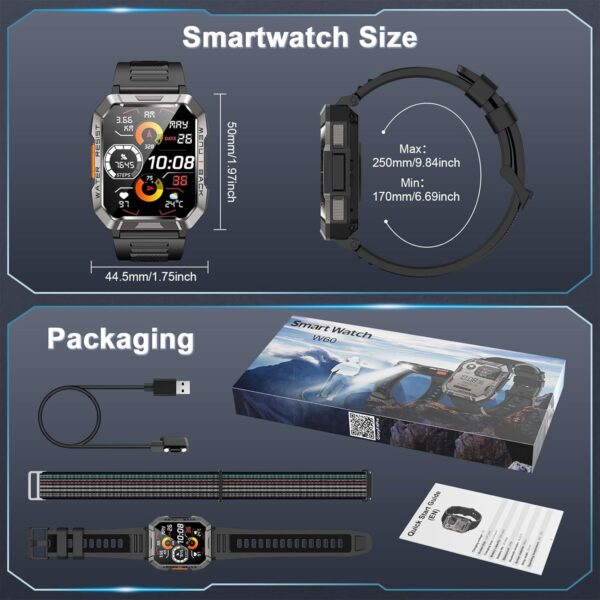 Smartwatch Men Military, 100 Days Battery Life/LED Flashlight/Compass/2 Wristbands/IP68 Waterproof, 100+ Sports Modes Sports Watch, Make/Receive Calls Smartwatch Outdoor Fitness Watch for Android iOS - Image 8
