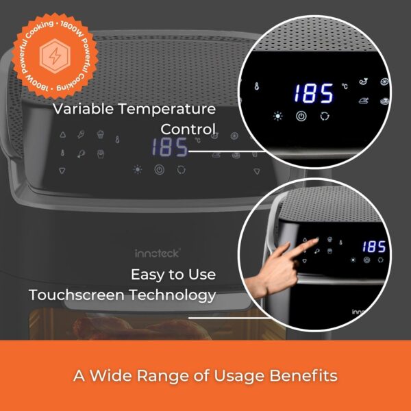 Innoteck Kitchen Pro 12L Digital Air Fryer Oven - 1800W, 8 Presets, Rotisserie function Large Digital Touch Panel Dishwasher Safe Accessories - Black & Silver - Image 6