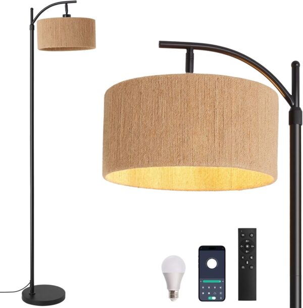 INMOZATA Floor Lamp, Dimmable Floor Lamps with Remote Control, Cylinder Rattan Woven Lampshade Rustic Boho Tall Standing Lamp for Living Room, Bedroom, Office, Included E27 Bulb - Image 2