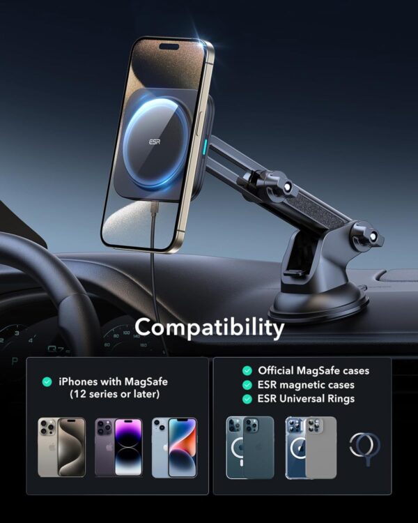 ESR for Qi2 15W MagSafe Car Mount Charger, Dashboard/Windshield Qi2-Certified Magnetic Phone Holder Car Wireless Charger for iPhone 16 Pro Max Plus 15 14 13 12 Mini, S25, Fast Charge MagSafe Accessory - Image 7