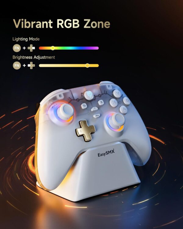AKNES EasySMX D05 Wireless Gaming Controller with Charging Dock for PC/Switch/iOS/Android,Hall Effect Joystick & Triggers,2 Programmable Back Buttons,1000Hz Polling Rate,Adjustable RGB Lighting-White - Image 7